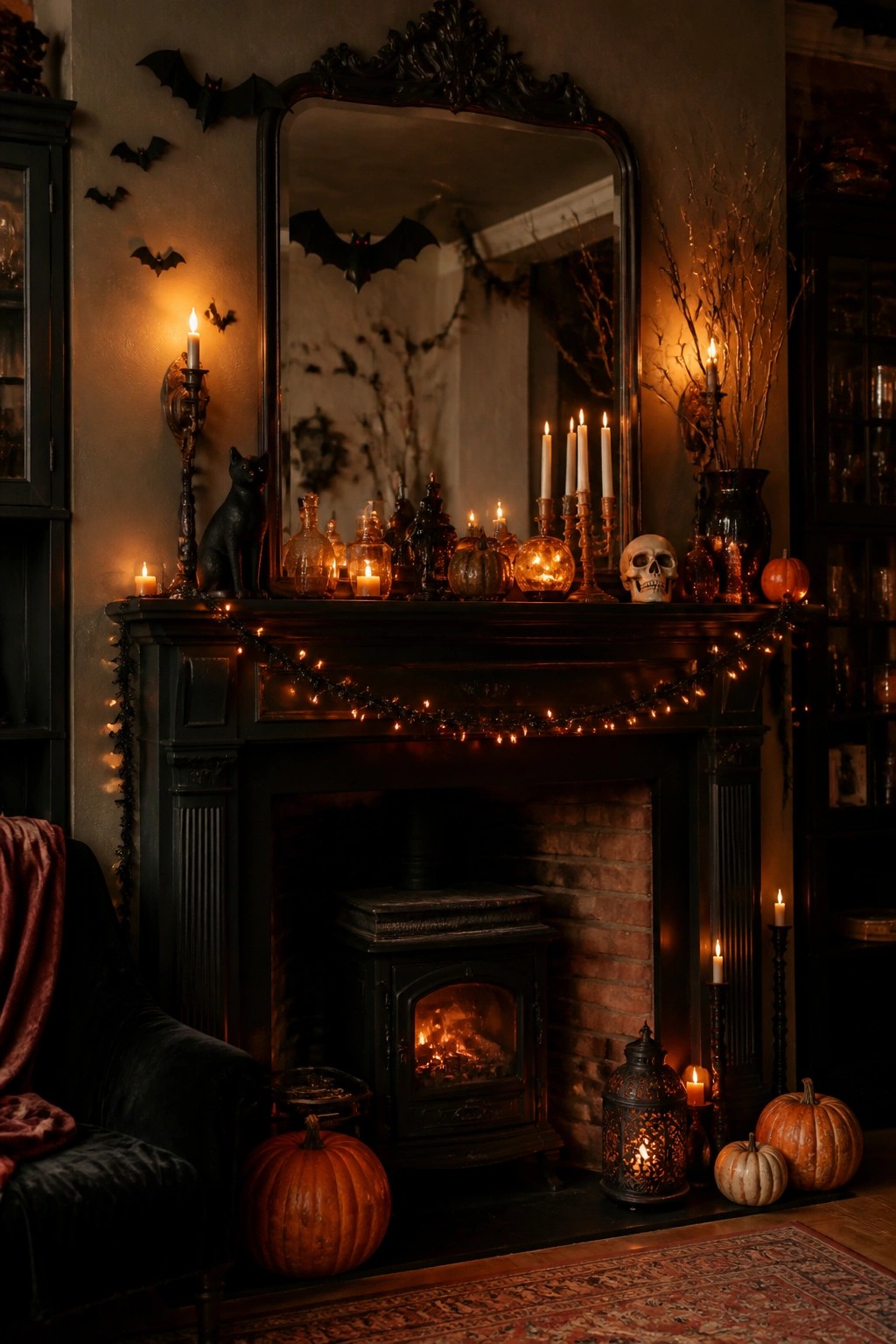 Dark fireplace mantel with black bats on the wall and mirror, lit candles, pumpkins, a skull, and string lights.