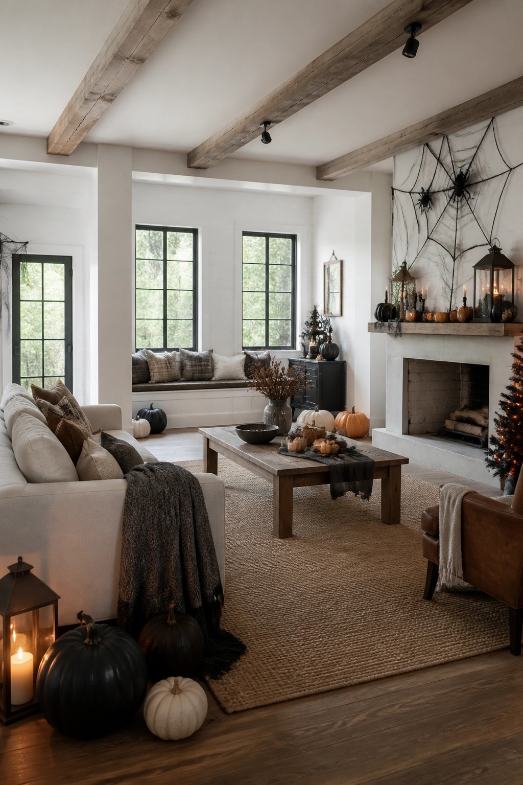 Cozy rustic living room with white sofa, pumpkins, spiderweb fireplace, and wooden beams