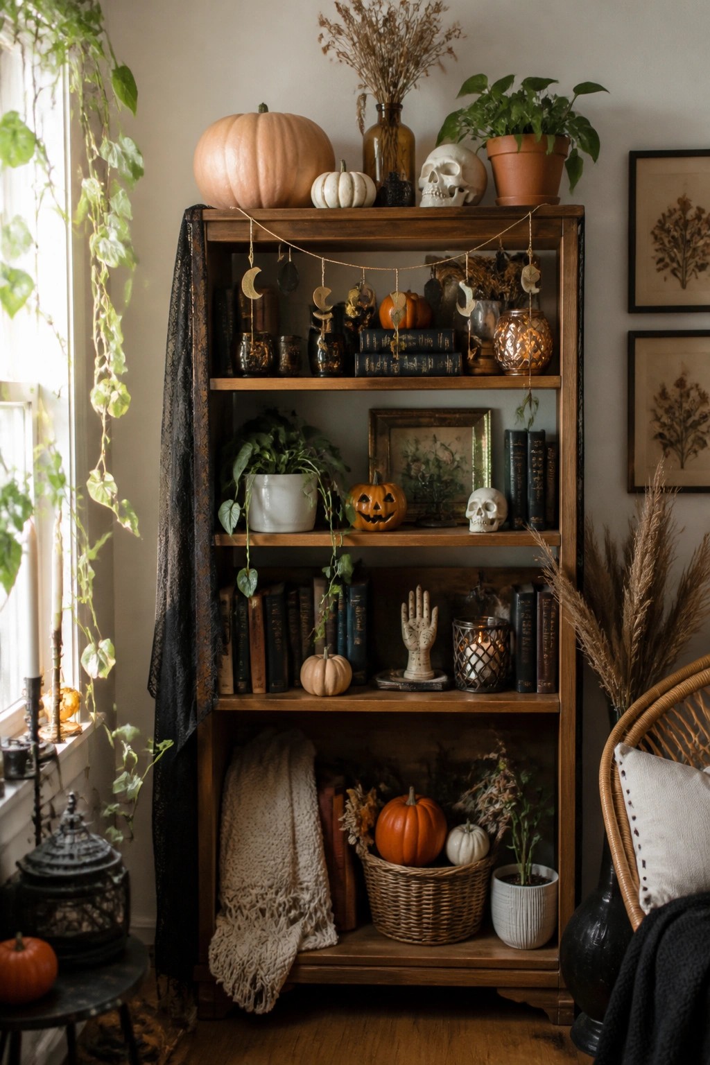A wooden bookshelf decorated with skulls, small pumpkins, a carved jack o lantern, and a moon phase garland.