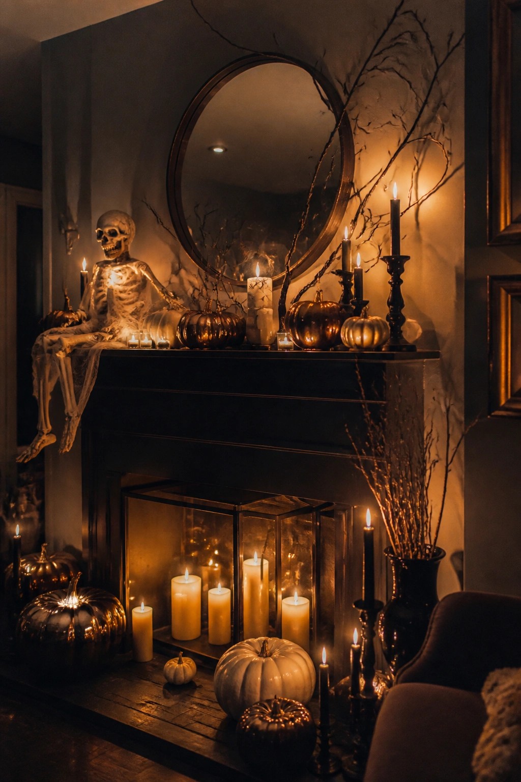 Fireplace mantel decorated with a seated skeleton, glowing candles, metallic pumpkins, and dark branches for Halloween.