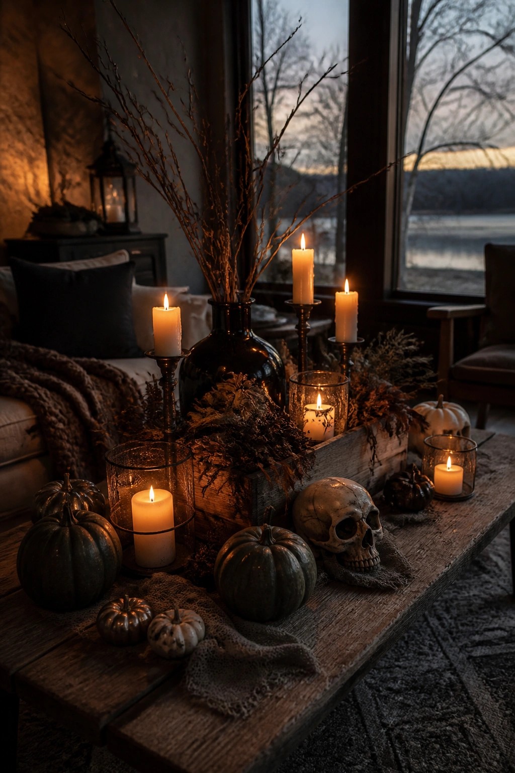 Wooden coffee table with a skull, dark pumpkins, lit candles in glass holders, and a crate holding bare branches.