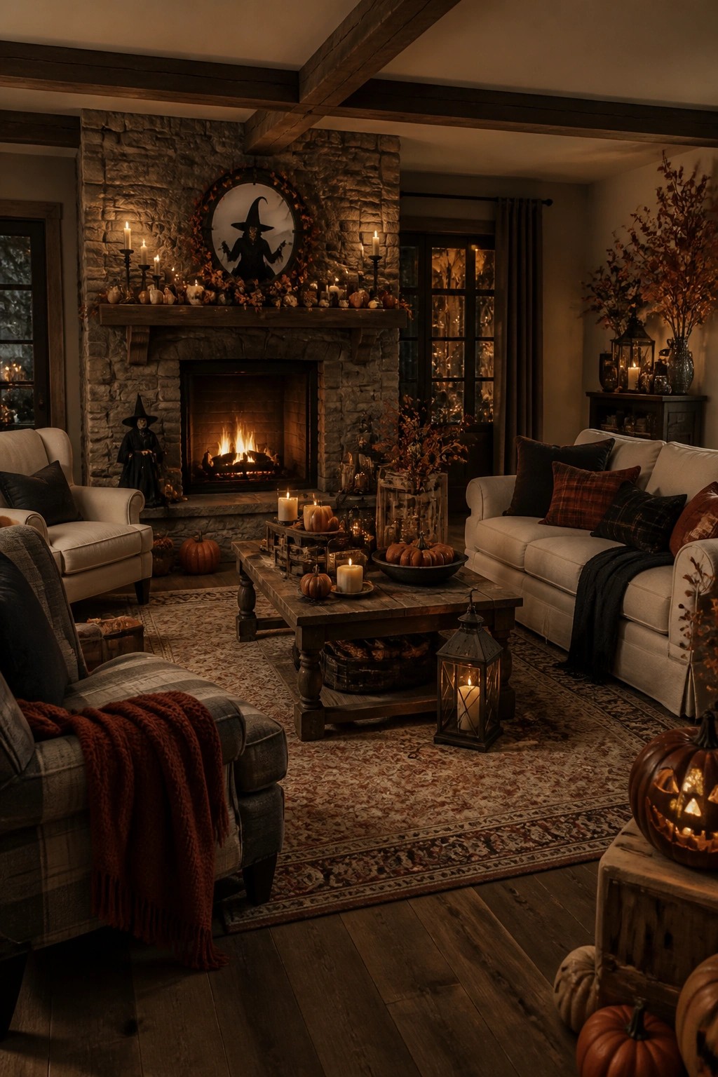 Stone fireplace mantel with a large circular witch silhouette, candles, and pumpkins arranged across the ledge.