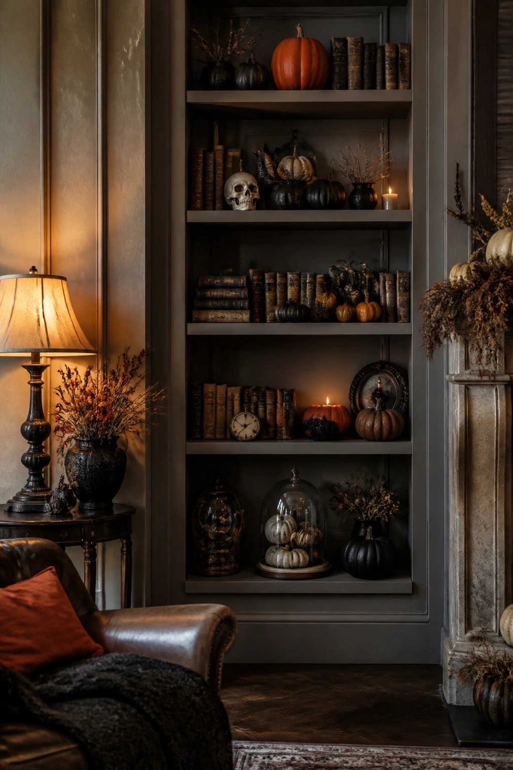 Dark bookshelf with pumpkins, skull, books, and candles beside leather chair