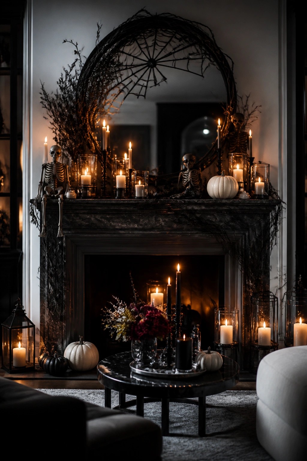 A dark marble fireplace mantel styled with skeleton figures, a large spiderweb wreath, lit candles, and small white pumpkins.