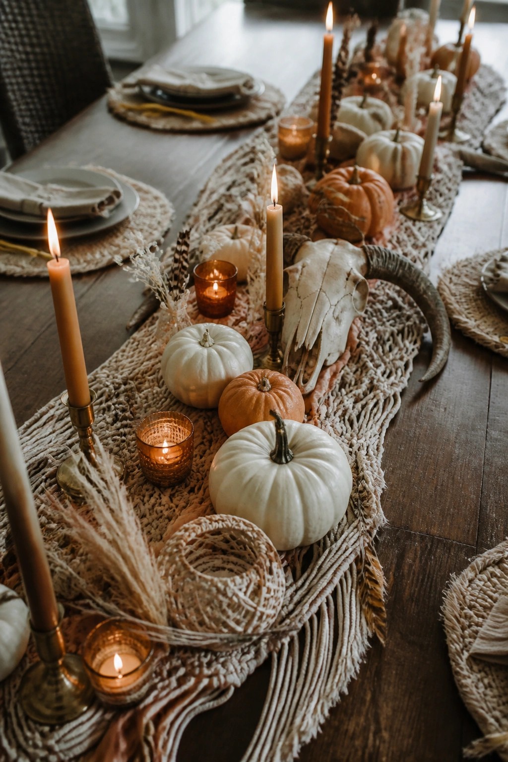 Dining table with a long macrame runner, white and orange pumpkins, candles, and a large horned animal skull used as a centerpiece.
