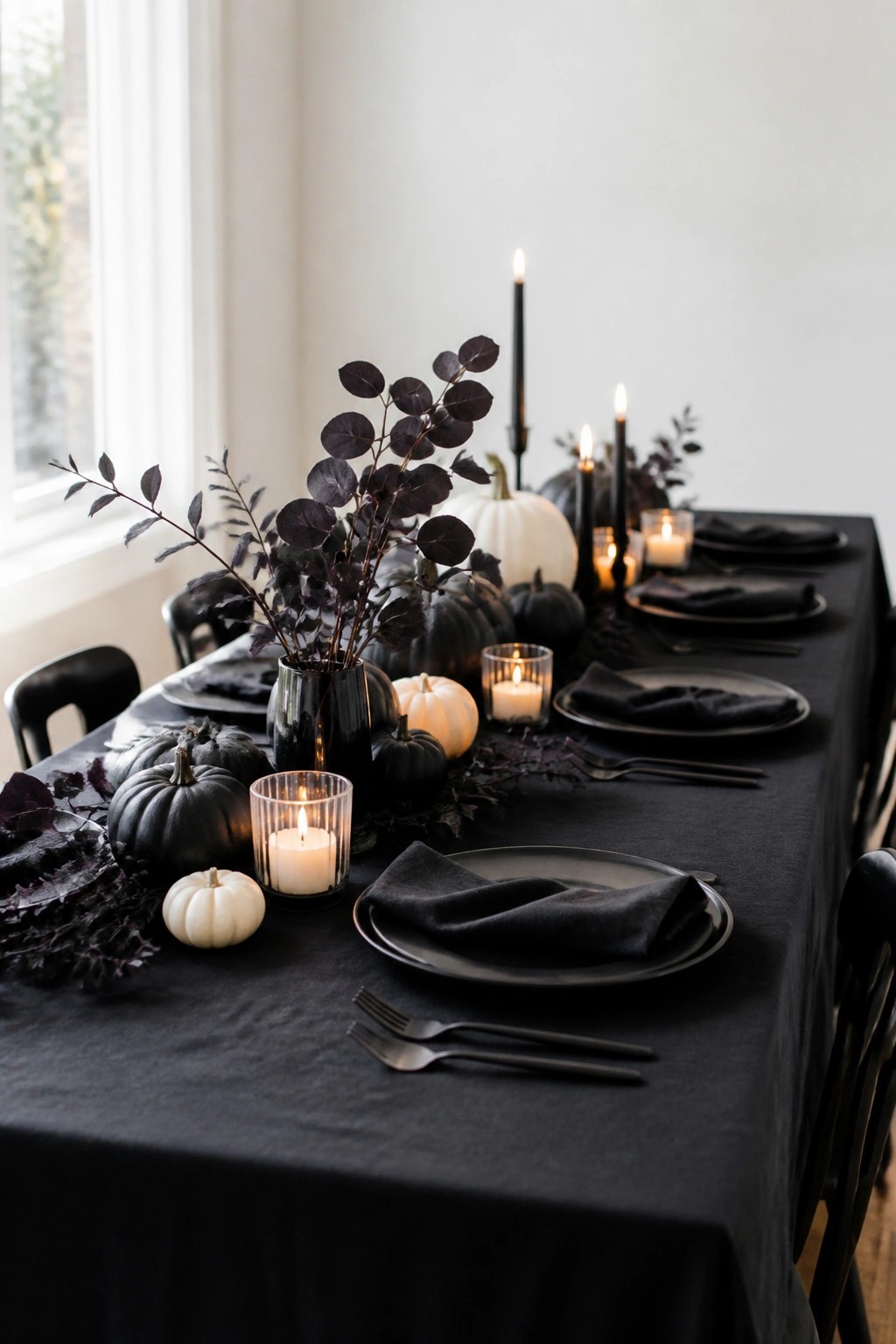 Dining table with black tablecloth, black plates, black napkins, and a centerpiece of dark branches in a black vase surrounded by black and white pumpkins and lit candles.