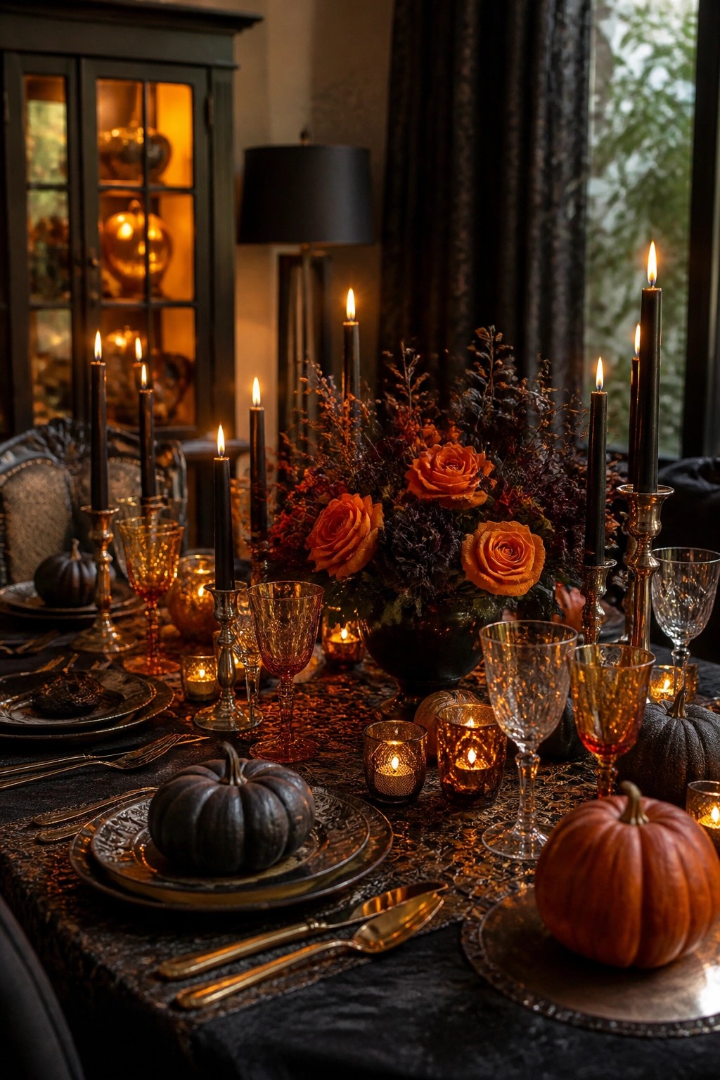Elegant dark table with black candles, orange roses, pumpkins, and amber glassware.