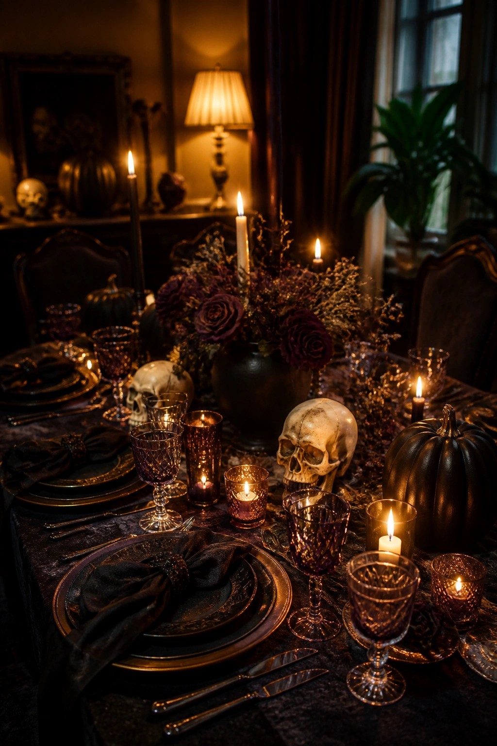 Dark dining table decorated for Halloween with skulls, black candles, purple glassware, and black pumpkins arranged as a tablescape.