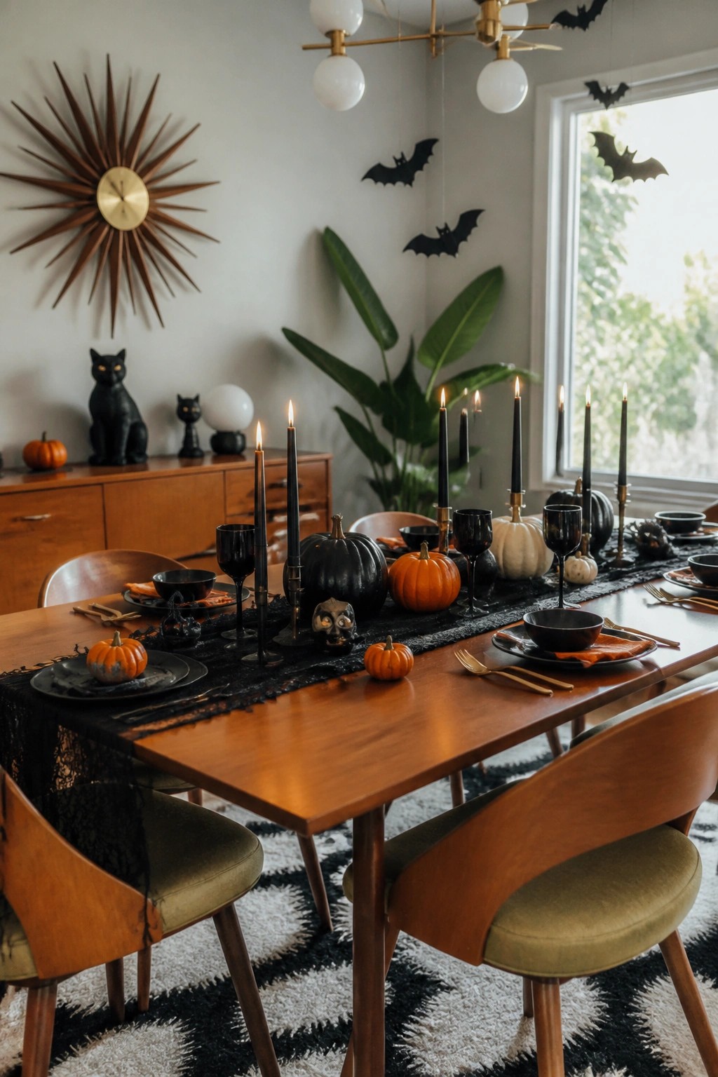 Wooden dining table decorated with a black lace runner, multiple lit black taper candles, black and orange pumpkins, and a skull along the center for a Halloween tablescape.