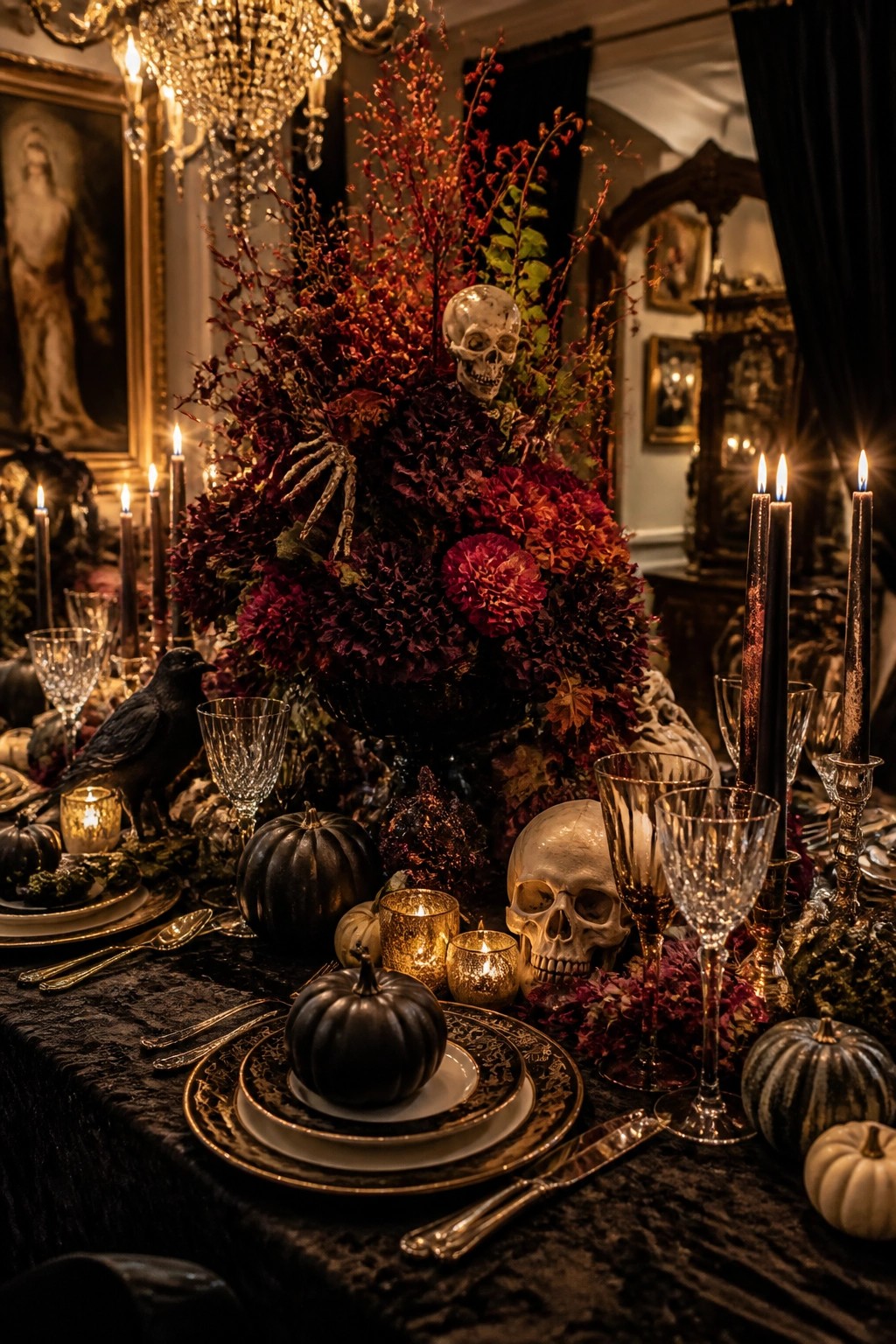 Dining table with black tablecloth, ornate gold-rimmed plates, black pumpkins, crystal glasses, and a large dark floral centerpiece holding skulls and skeletal hands surrounded by black taper candles.