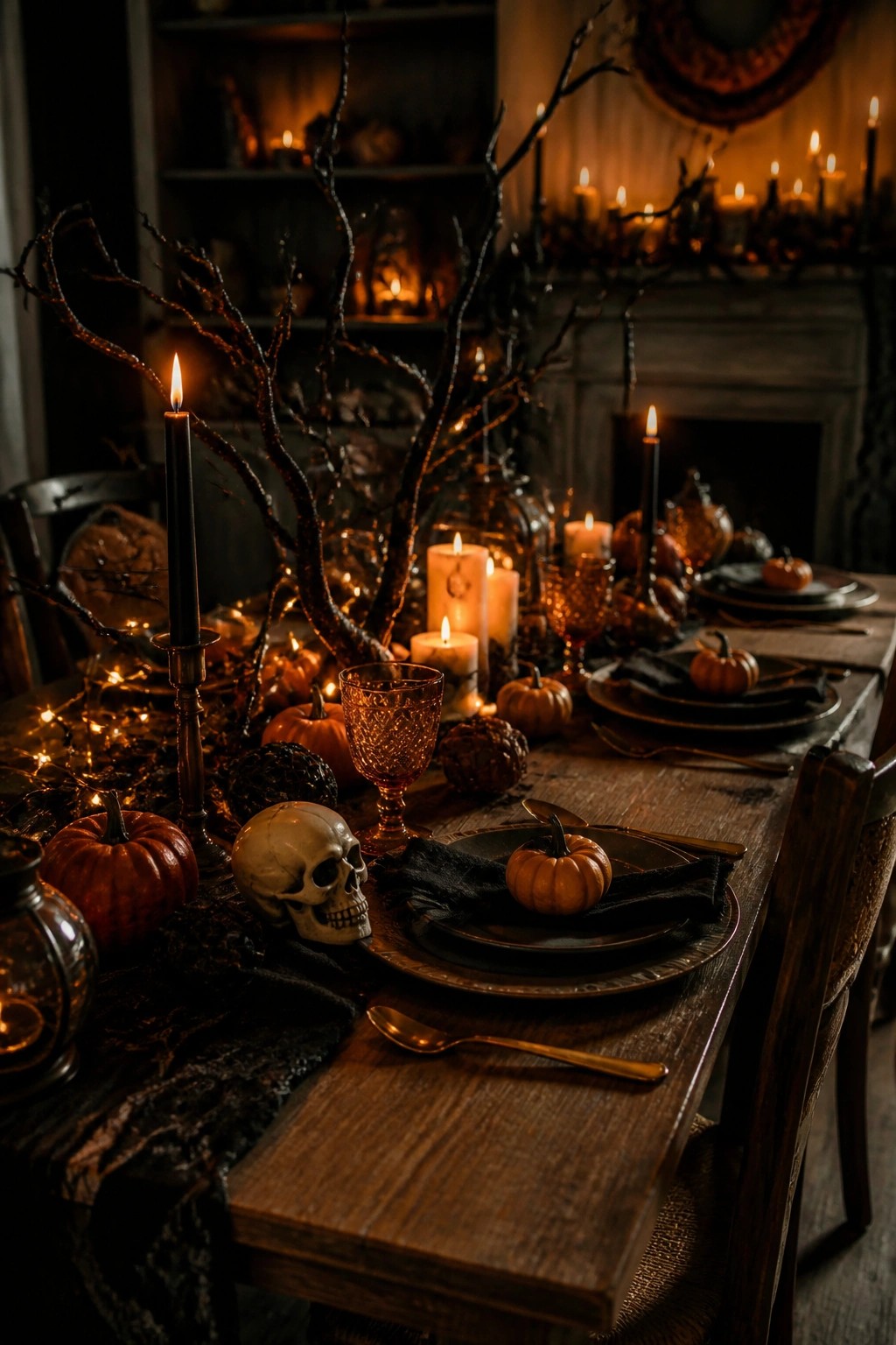 Dark wooden dining table with a tall black branch centerpiece, a skull, small pumpkins, black candles, and dark place settings.