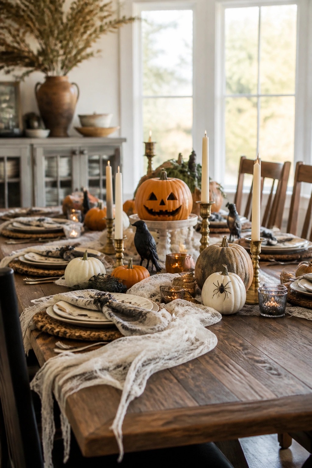 A wooden dining table decorated for Halloween with a large carved jack o lantern on a stand, black crows, a spider on a white pumpkin, candles, and cobweb accents.