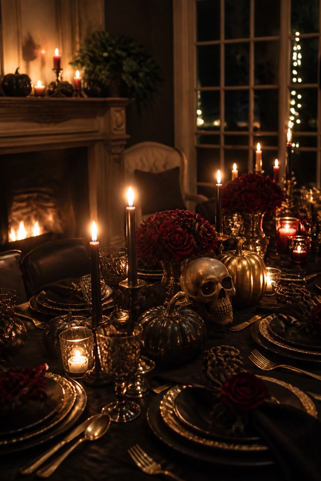 Dark dining table arranged for Halloween with a metallic skull, black and gold pumpkins, red roses, and black candles as the main centerpiece.