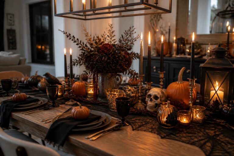 Dining table with black plates and napkins arranged around a centerpiece of black crows, bare branches, and white and dark pumpkins.
