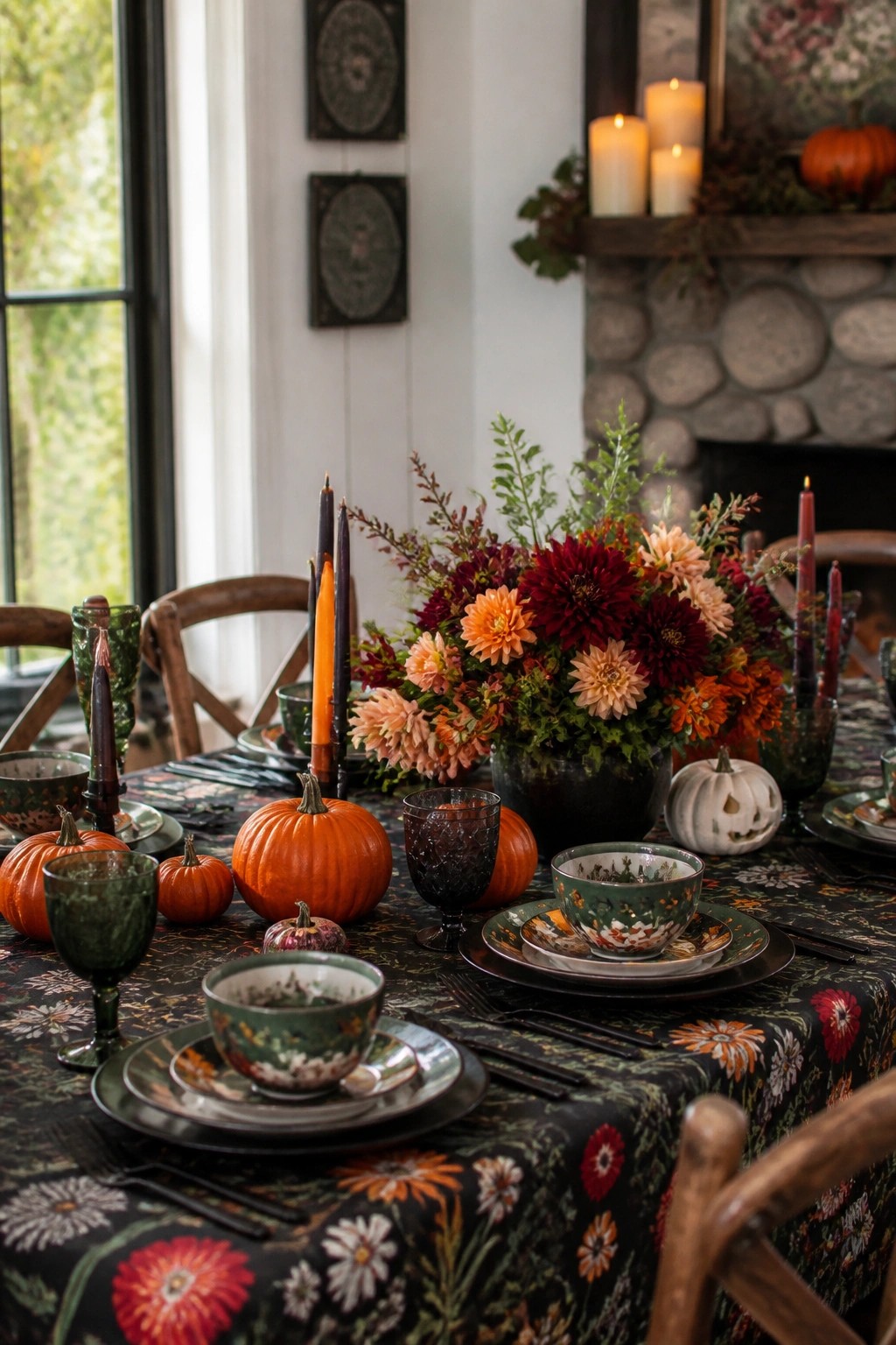 Dining table decorated for Halloween with orange and white pumpkins, colorful taper candles, a large floral centerpiece, and dark patterned tableware.