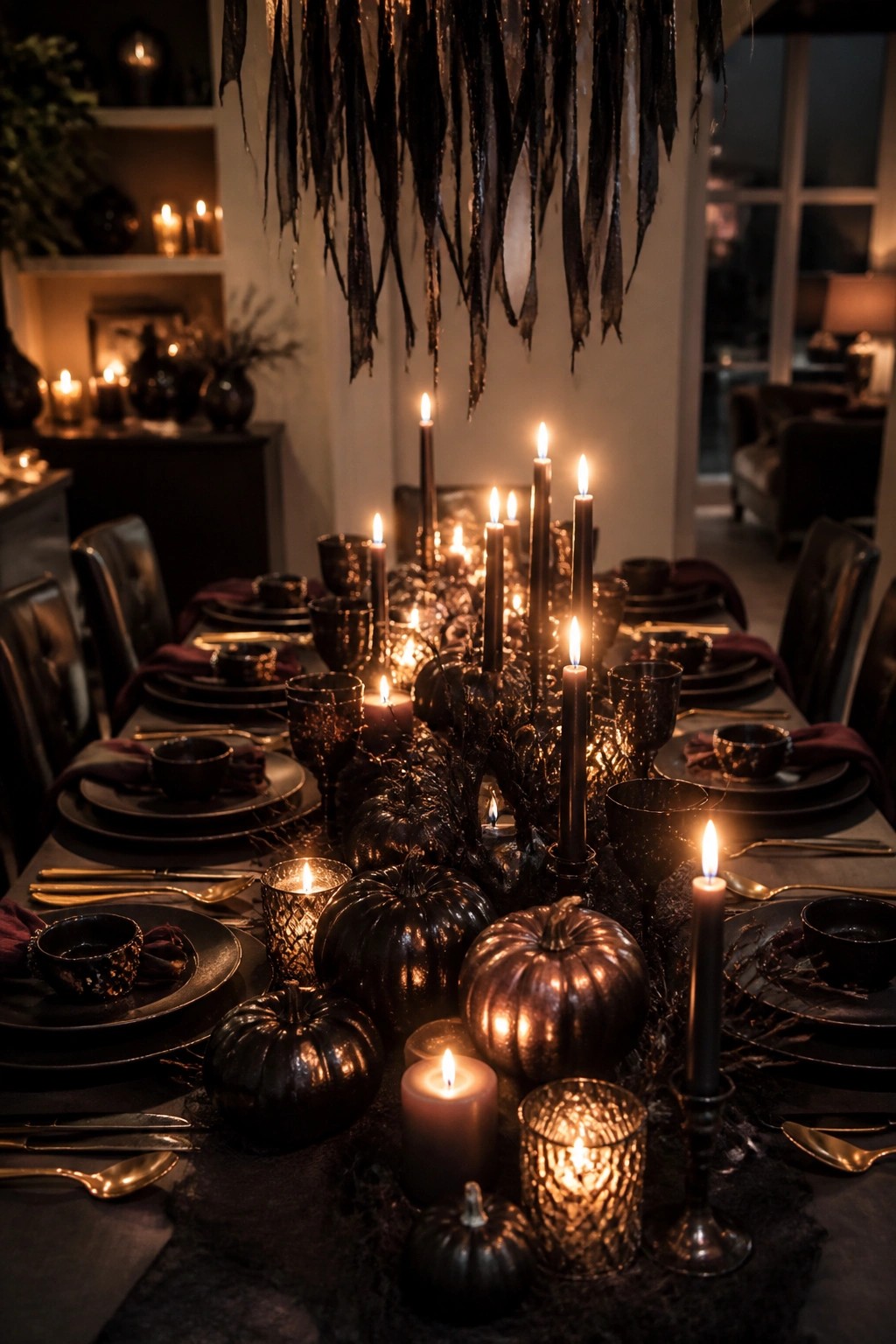 Dining table set with black pumpkins, tall black candles, dark branches, and black glassware as a Halloween centerpiece.