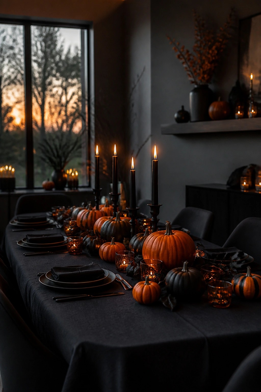 Dark table with black pumpkins, lit candles, and sunset window view