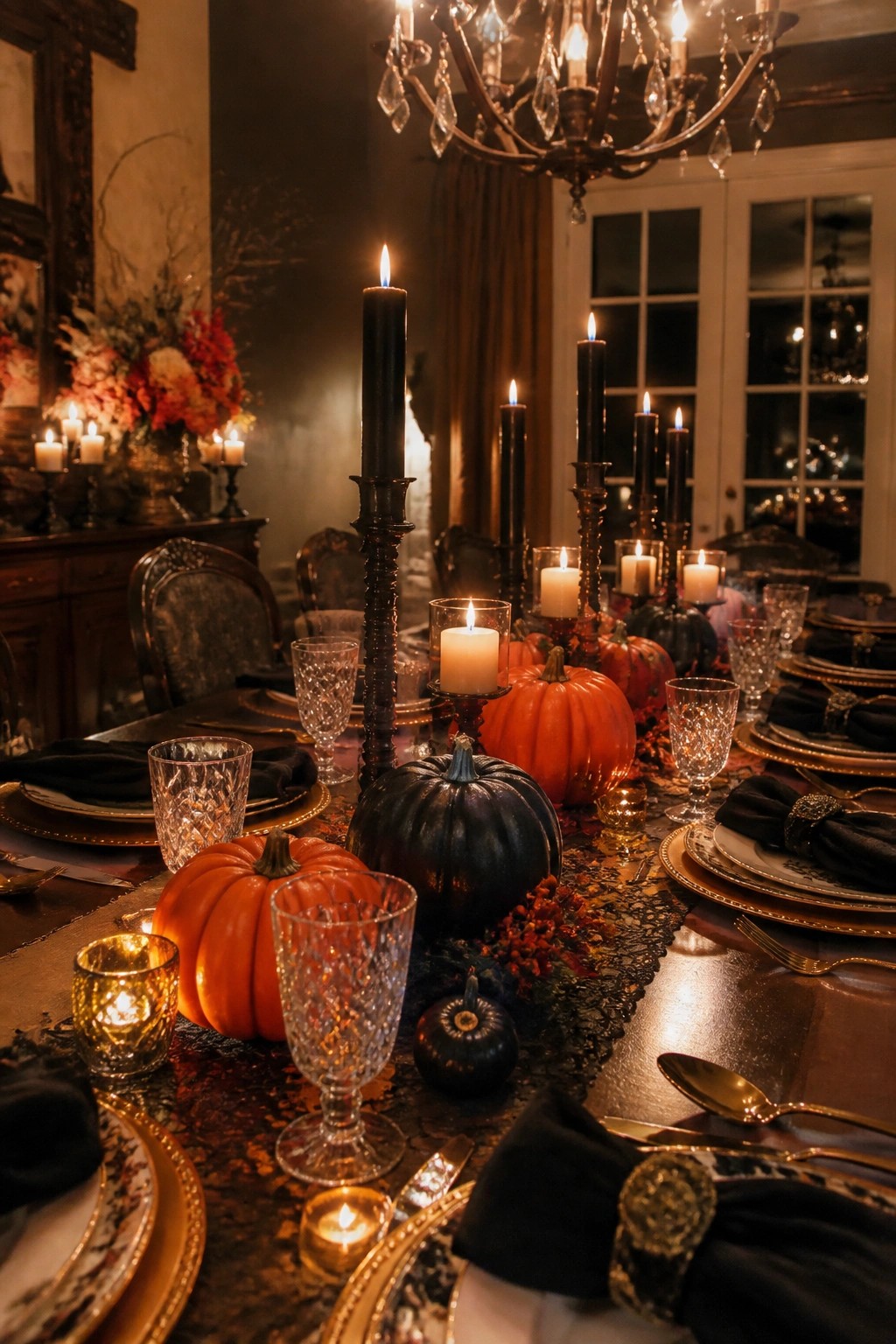 Long dining table set with orange and black pumpkins, tall black taper candles, black napkins, and gold-rimmed plates under a crystal chandelier.