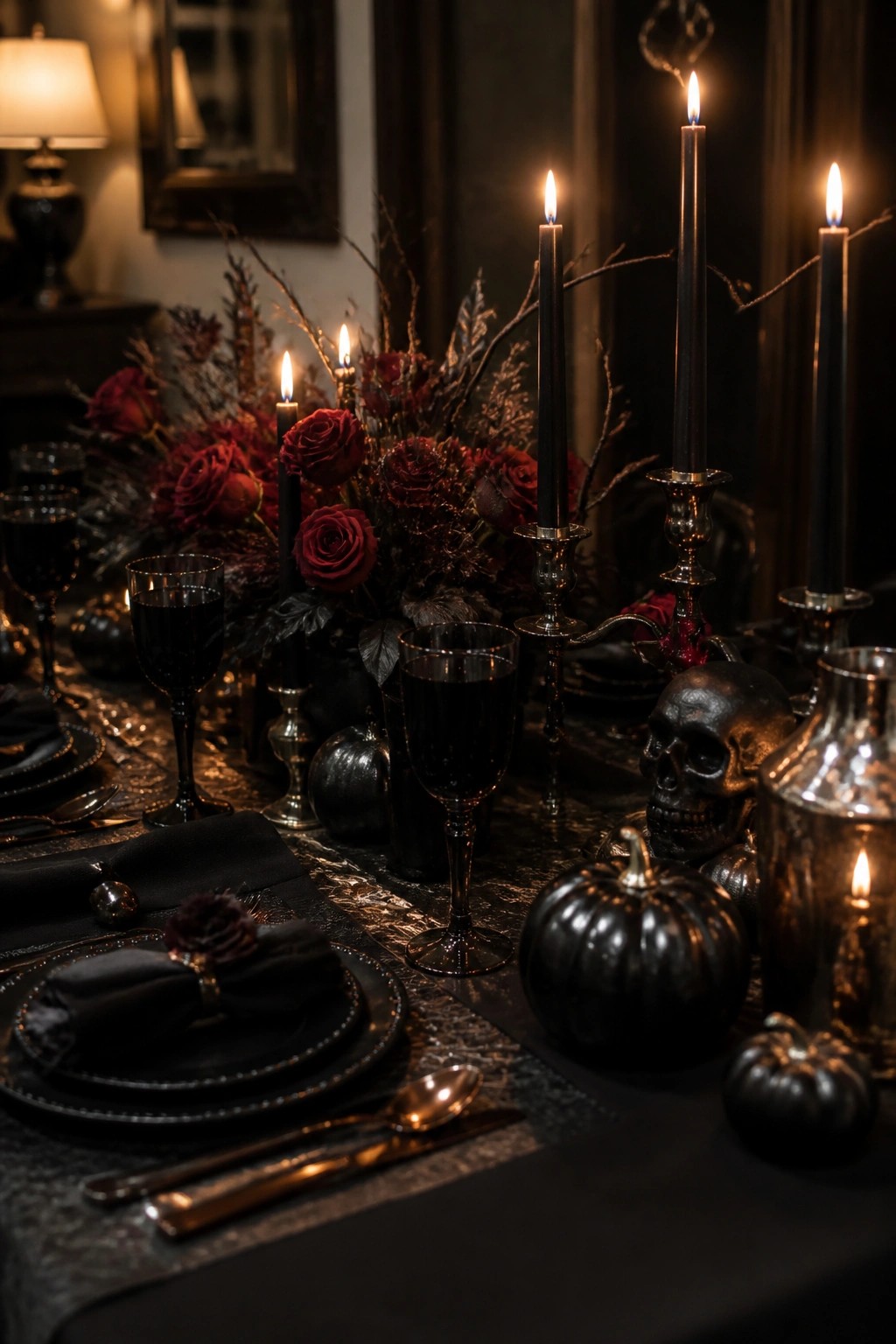 Dining table set with black taper candles in silver holders, a black skull, black pumpkins, and dark red roses as the centerpiece.