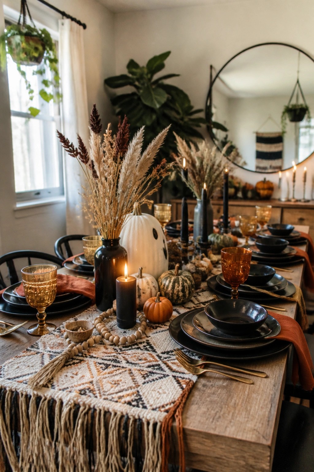 Dining table set with a white pumpkin featuring black markings, black candles, dried grasses in dark vases, and black dishware on a patterned runner.