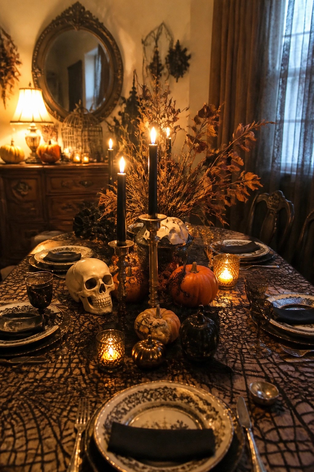 Dining table decorated for Halloween with a white skull, black candles, pumpkins, and spiderweb tablecloth as the central arrangement.