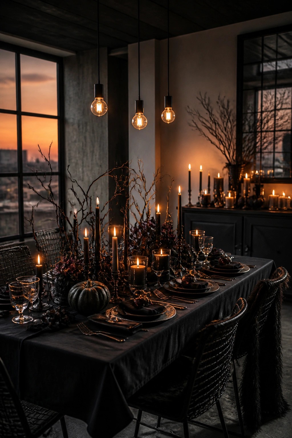 Moody black dining table with flickering candles, branches, pumpkin, and sunset views