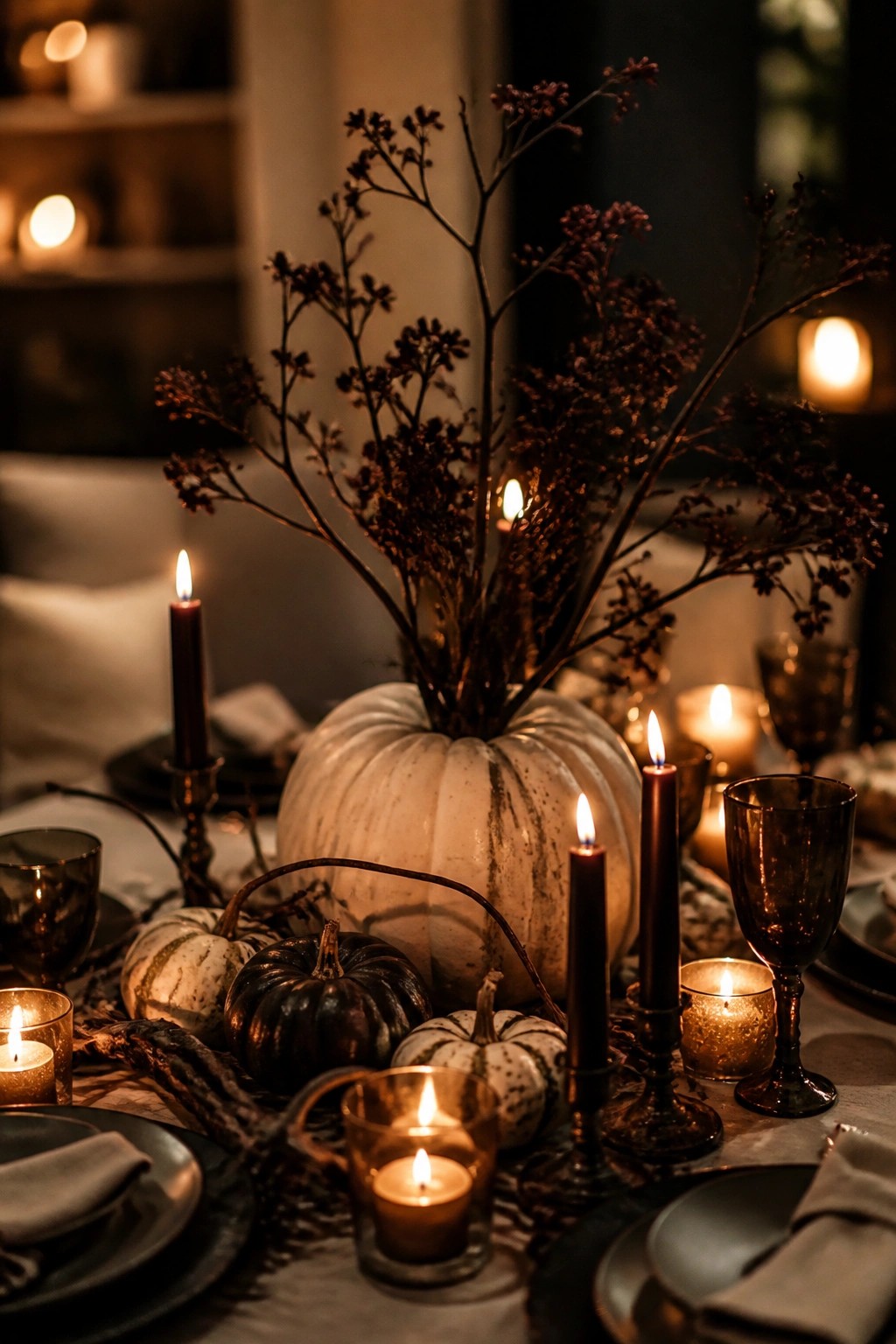 Rustic autumn table with white pumpkin, dried branches, dark candles, and glowing votives.