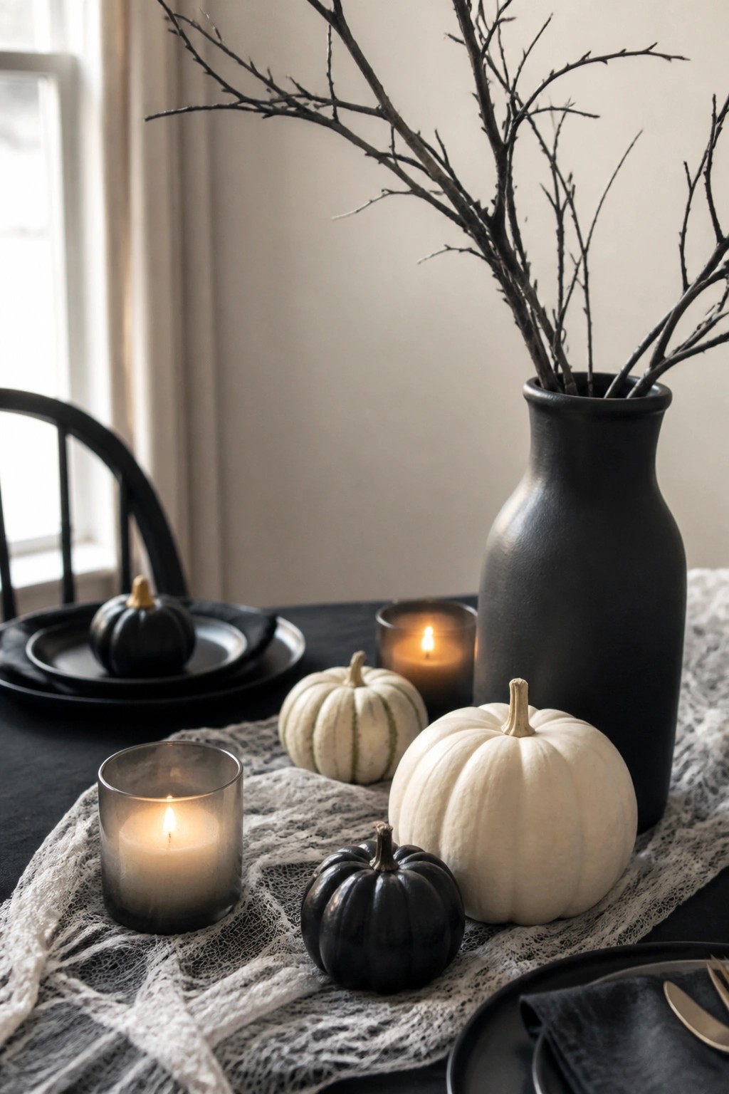 Dining table with a black vase holding bare branches as centerpiece, surrounded by black and white pumpkins and lit candles on a white lace runner.