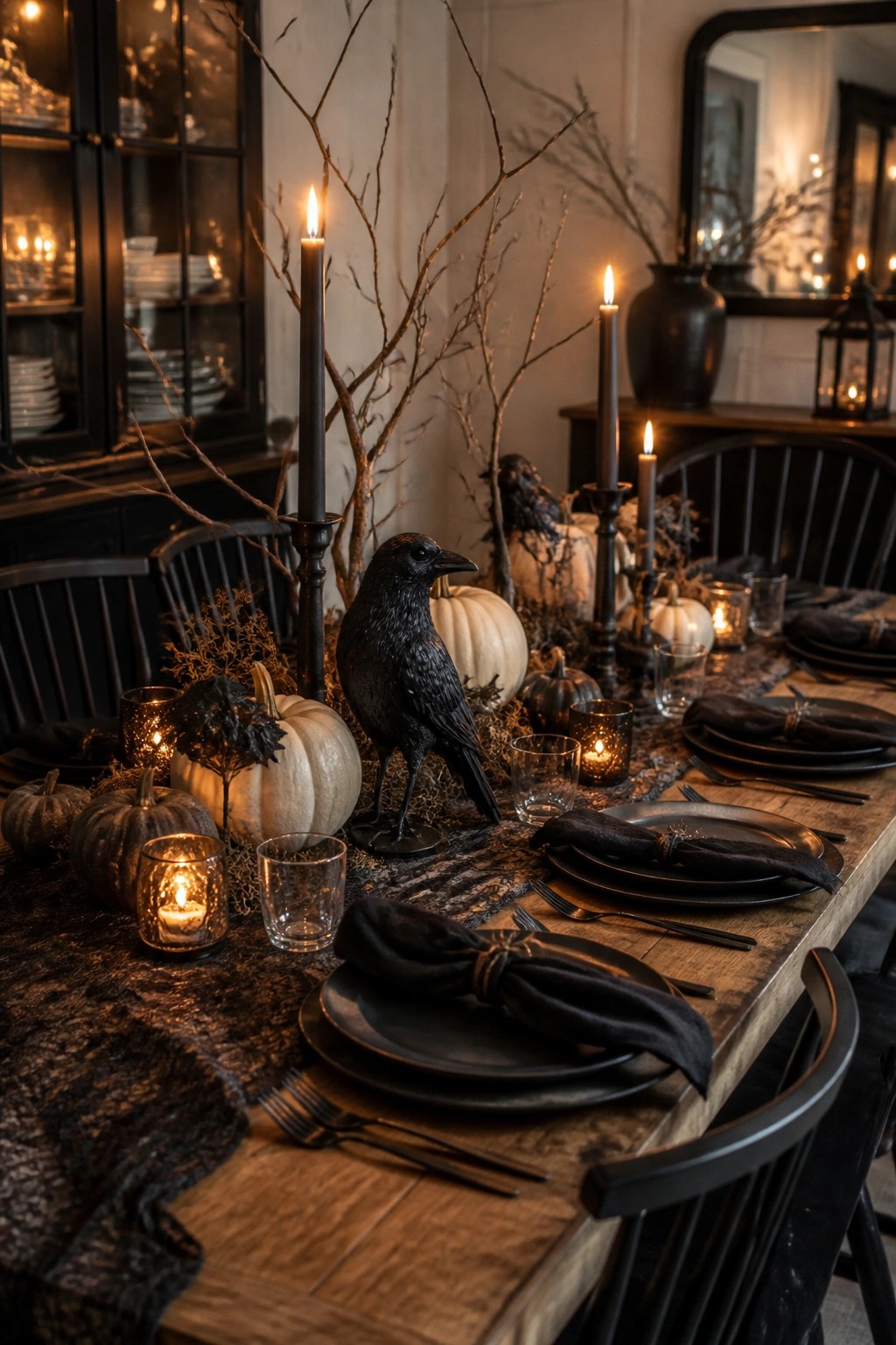 Dining table with black plates and napkins arranged around a centerpiece of black crows, bare branches, and white and dark pumpkins.