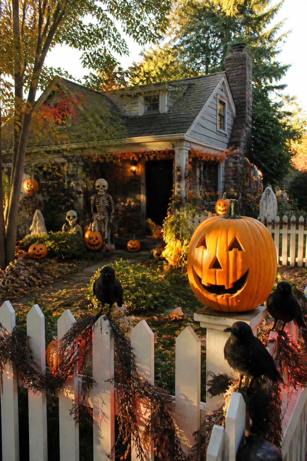 Front yard Halloween display featuring standing skeletons, multiple carved jack o lanterns, and black crows on a white picket fence.