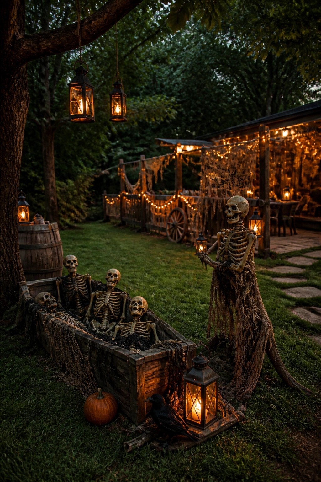 Yard scene with multiple skeletons arranged inside a wooden coffin box, one standing skeleton holding a lantern, and a black crow on the ground.