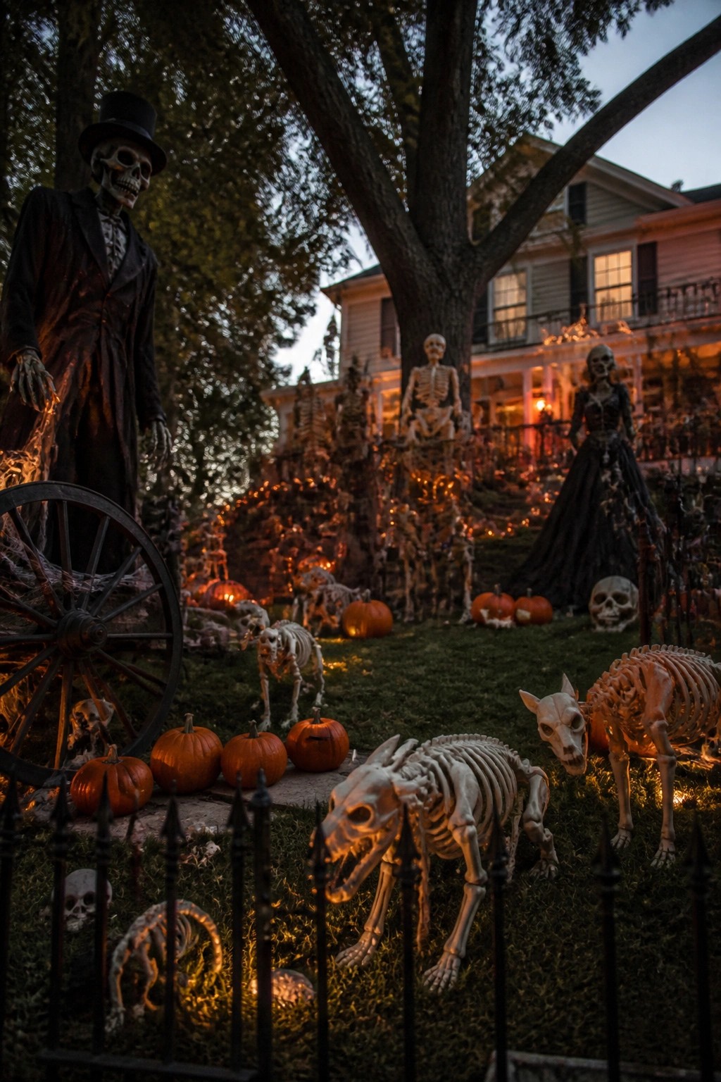 Front yard decorated with multiple life-size human and animal skeletons posed on the grass alongside pumpkins and string lights.