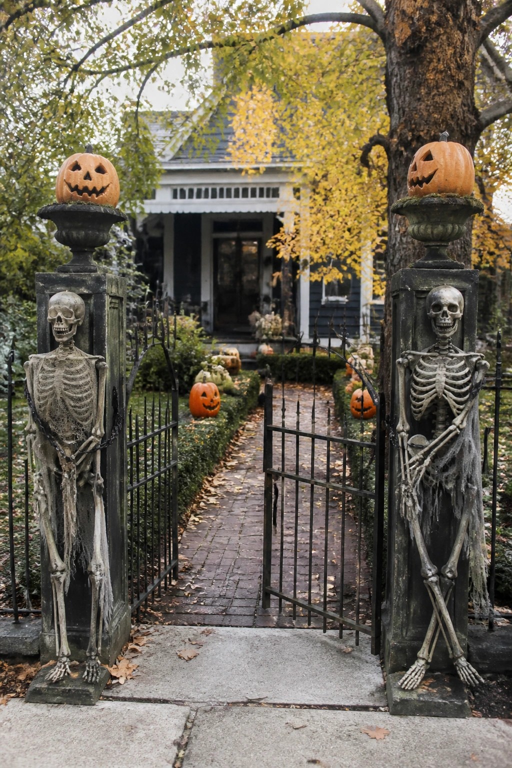 Yard entrance with two skeletons chained to gate posts topped by jack o lanterns and an open black metal gate leading to a brick path.