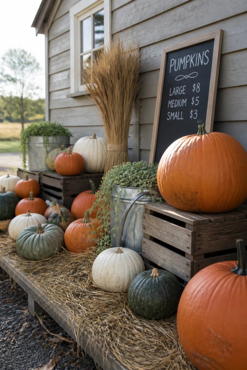 Pumpkins of various sizes and colors arranged on wooden crates and hay beside a house, with a chalkboard sign listing pumpkin prices.