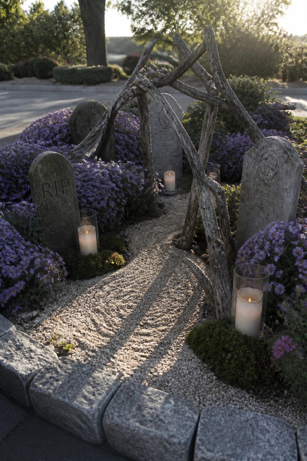 A contained graveyard display with stone markers, lit candles, purple flowers, and a gravel path bordered by low stones.