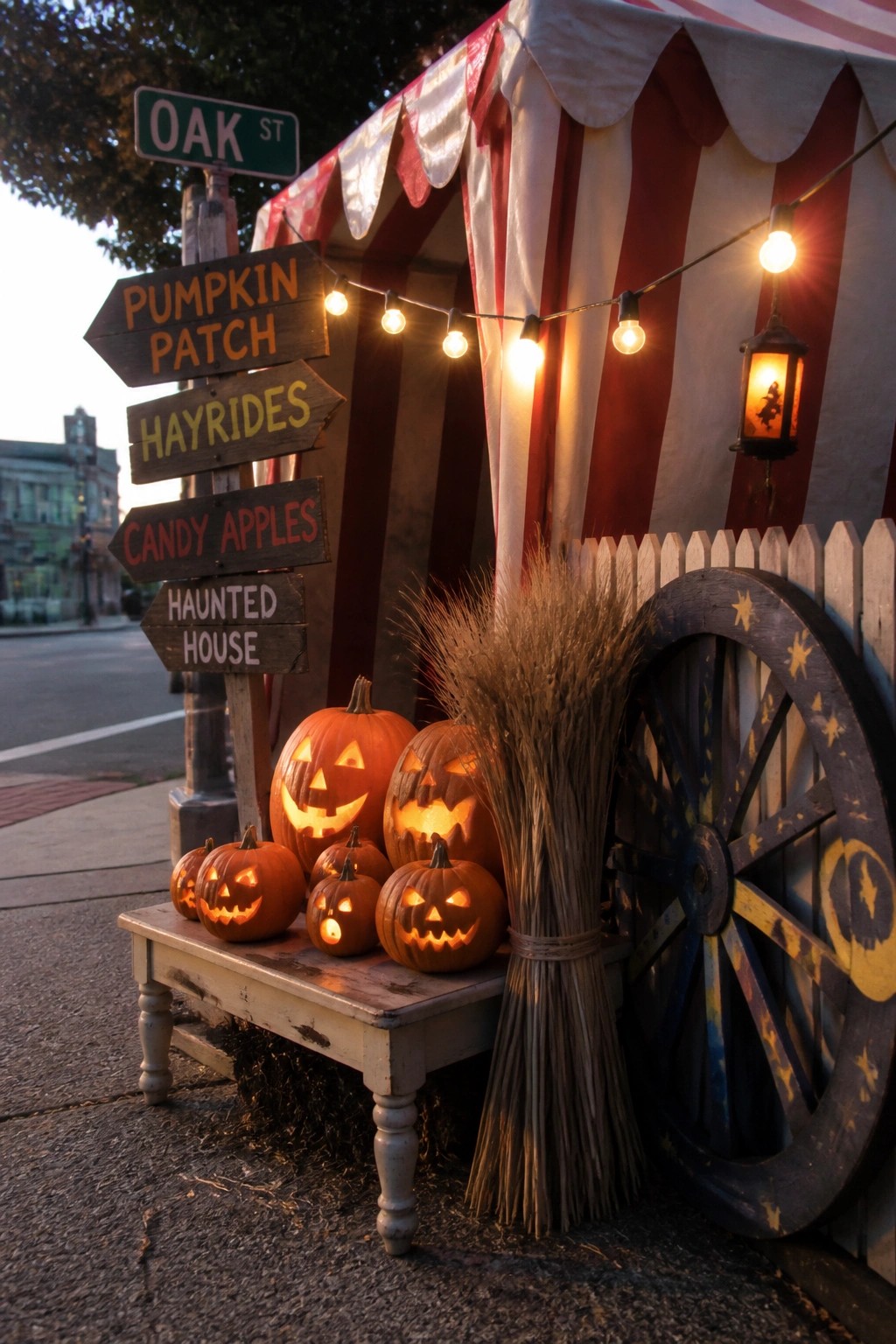 A Halloween yard display with carved pumpkins on a bench, a bundle of wheat, string lights, and wooden directional signs for pumpkin patch, hayrides, candy apples, and haunted house.