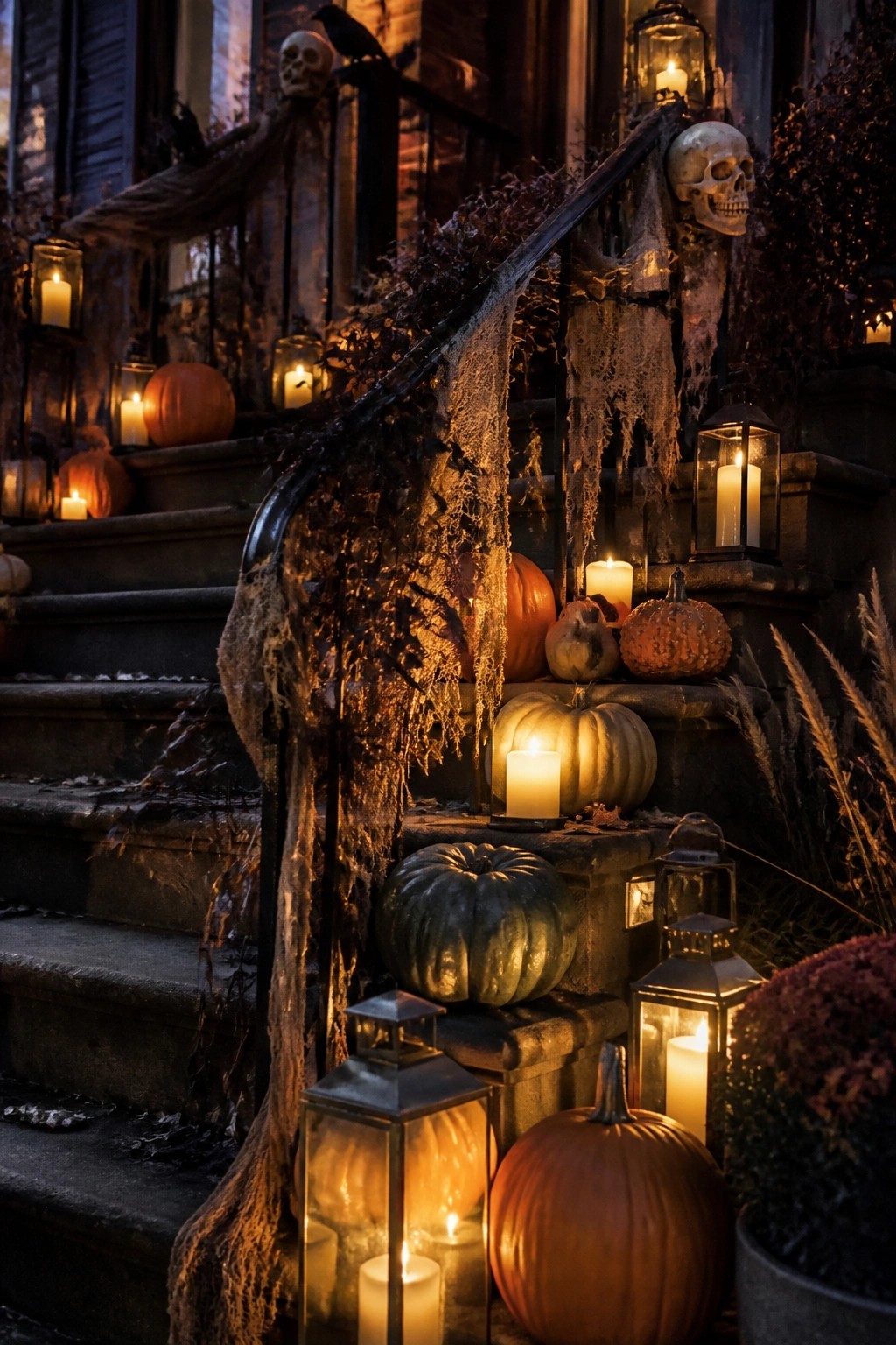 Outdoor house staircase decorated with fake cobwebs, skulls, pumpkins, and lit lanterns for Halloween.