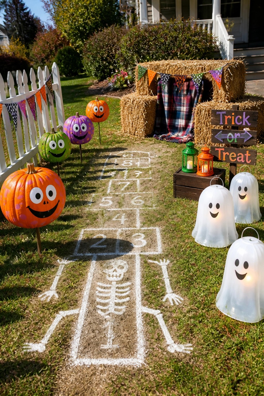 Halloween yard with painted pumpkins, glowing ghosts, hay bales, chalk skeleton and hopscotch.