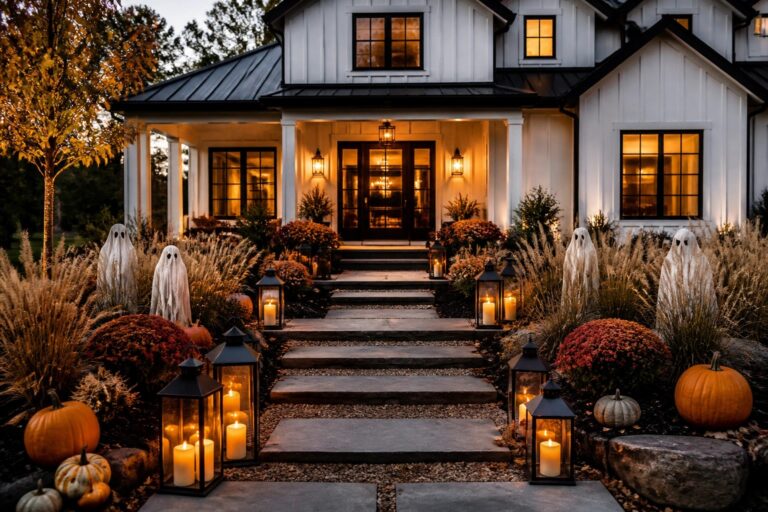 Stone walkway lined with carved glowing jack o lanterns and lanterns placed among rocks and shrubs in front of a house.