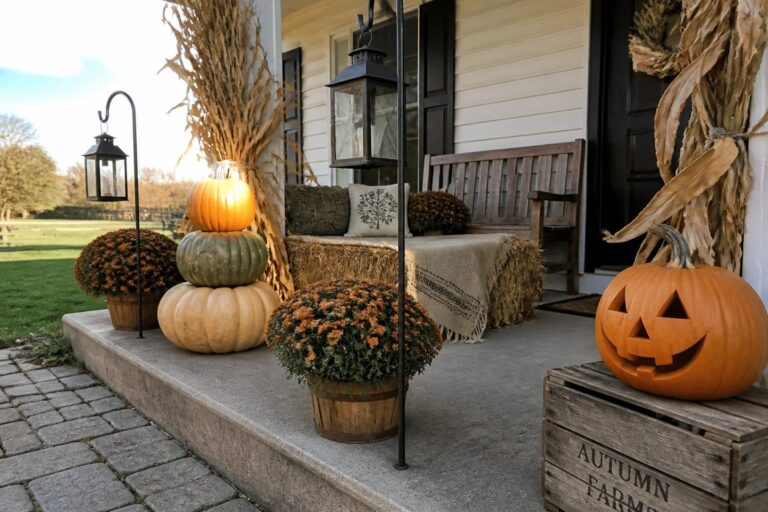 Front porch steps with a tower of stacked pumpkins in orange, white, and green, next to potted mums, black lanterns, corn stalks, and a hay bale.