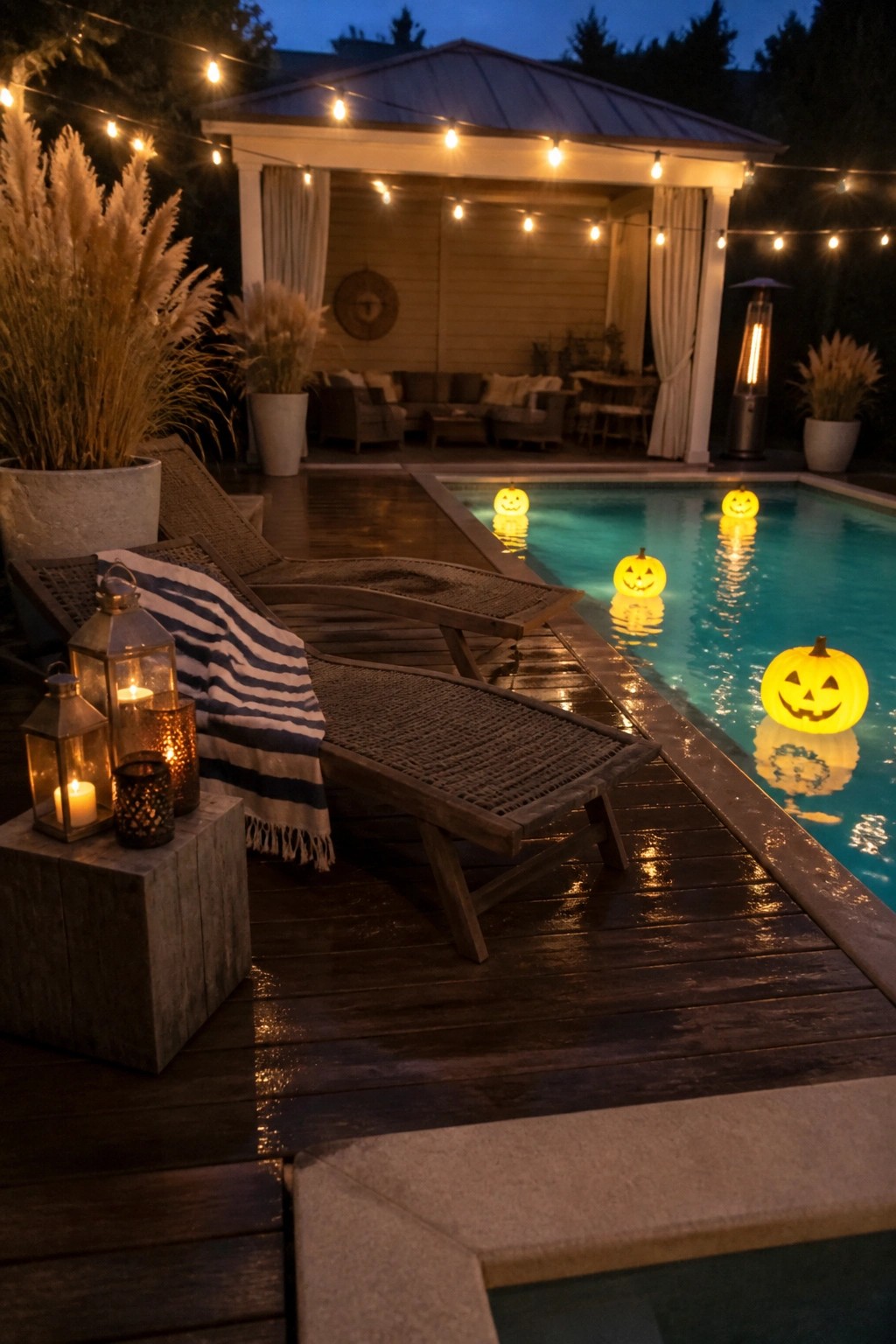 A nighttime view of a swimming pool with several glowing jack-o'-lanterns floating on the water, next to a wooden deck with lounge chairs, lanterns, and string lights overhead.