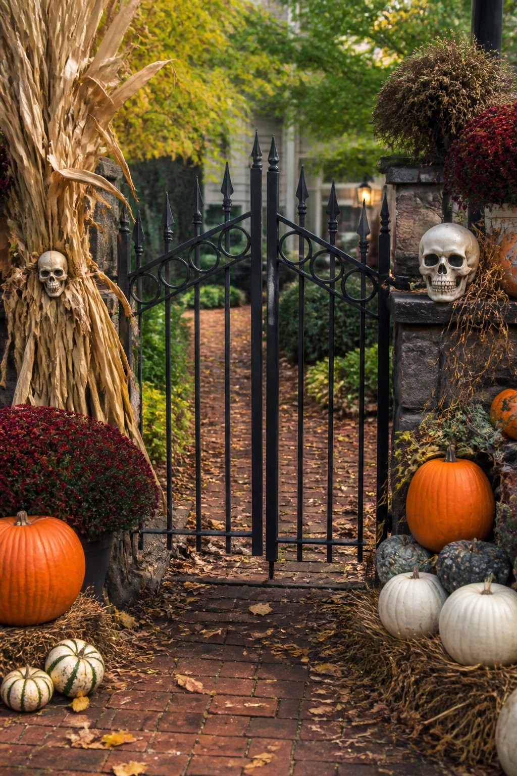 Black iron gate on a brick path flanked by stone pillars with skeletons attached to dried corn stalks and skulls placed among pumpkins and autumn plants.