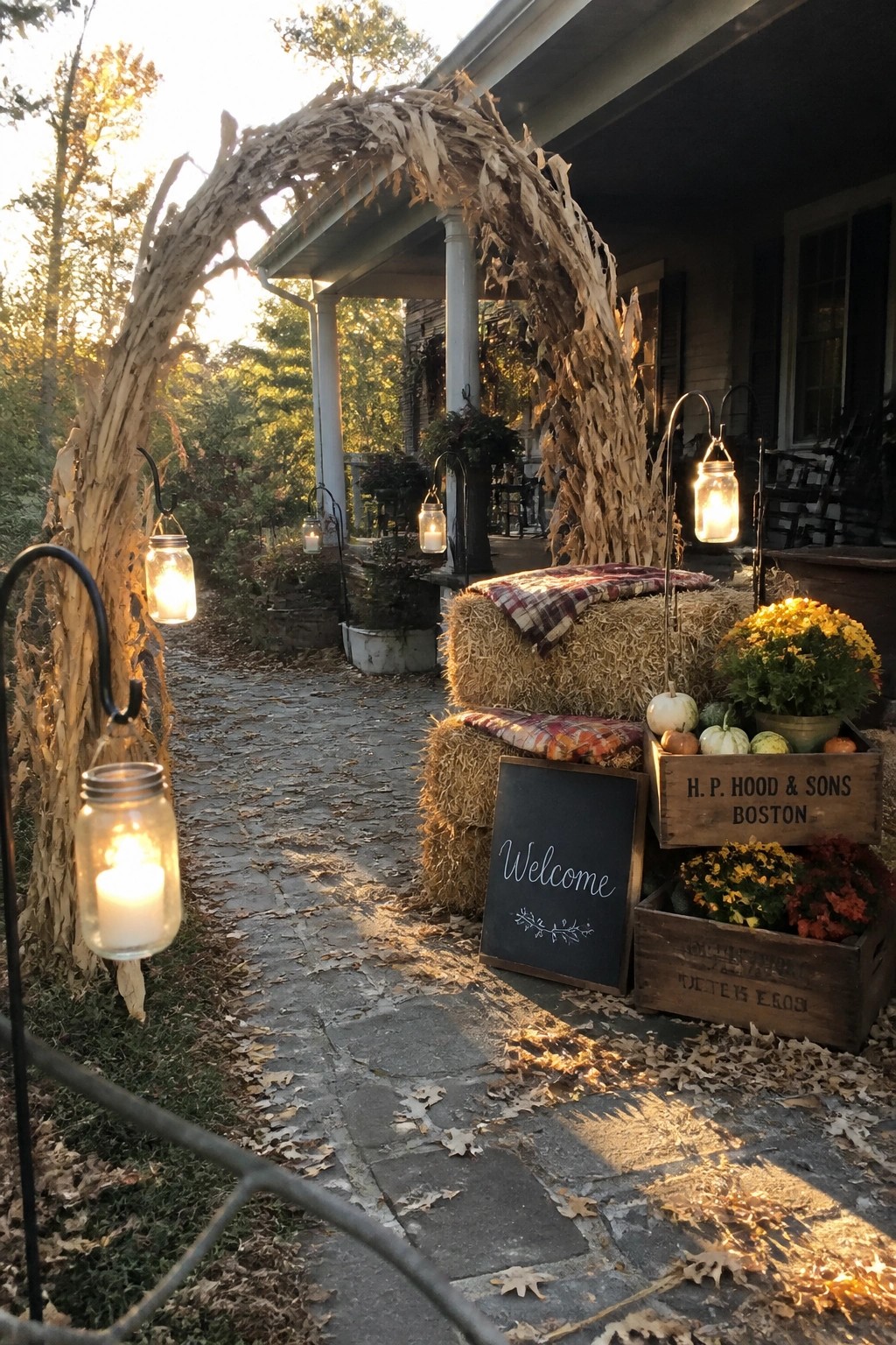 A stone path leading to a house porch with a large dried corn stalk arch, hay bales, mason jar lights, and crates of pumpkins and flowers.