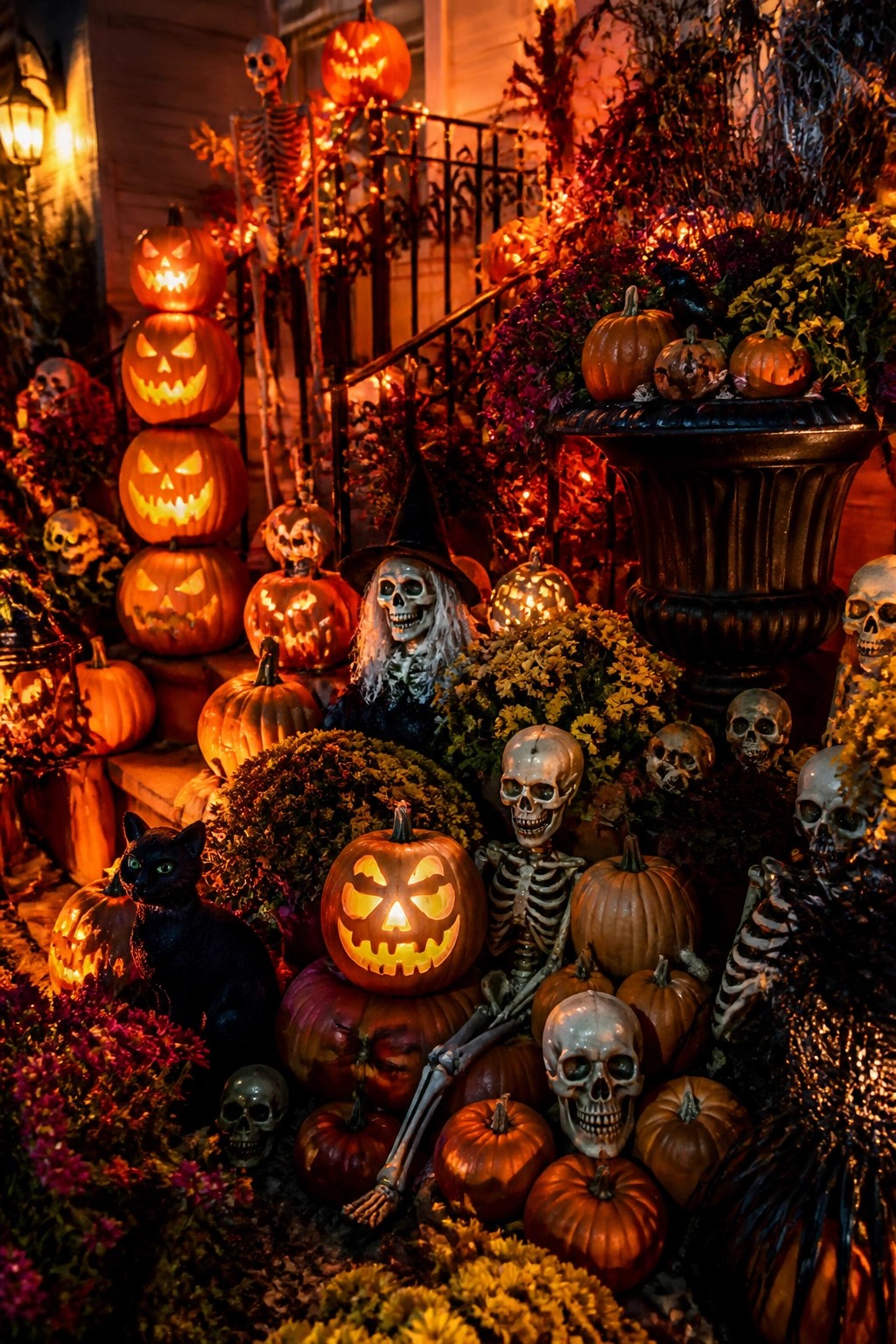 Front porch steps covered with glowing jack-o'-lanterns, several skeletons, and a black cat figure arranged among autumn plants.