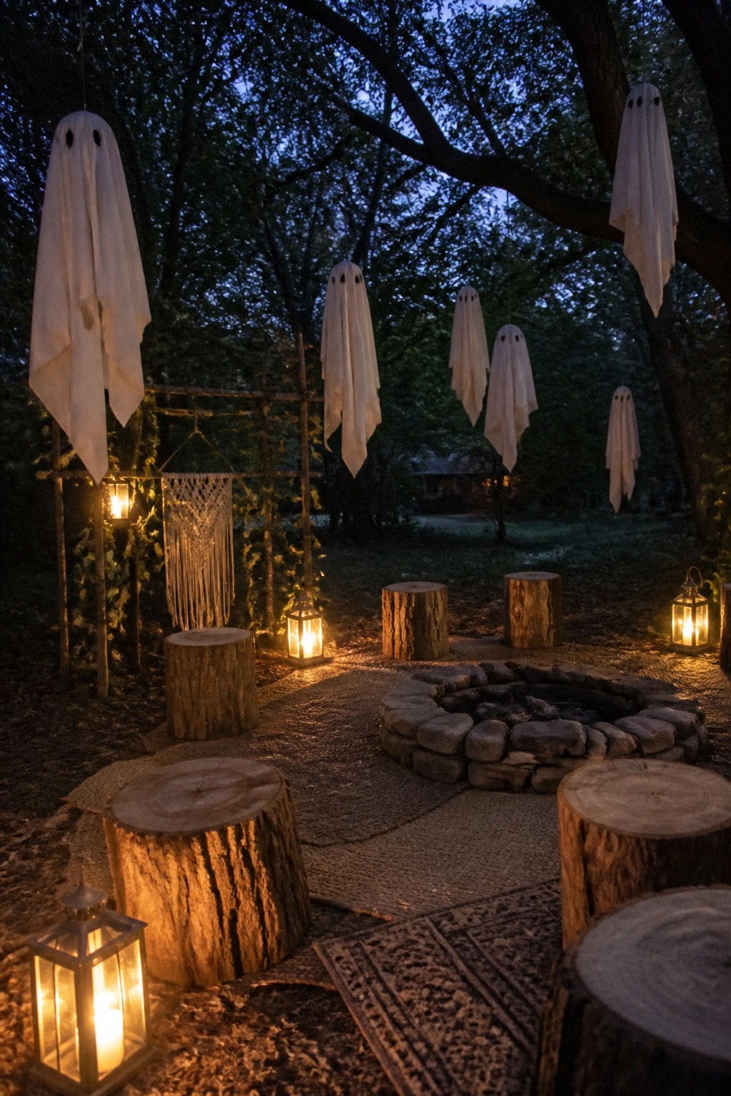 A stone fire pit at dusk surrounded by tree stump seats, woven rugs, and several white sheet ghosts hanging from tree branches, with lit lanterns placed on the ground.