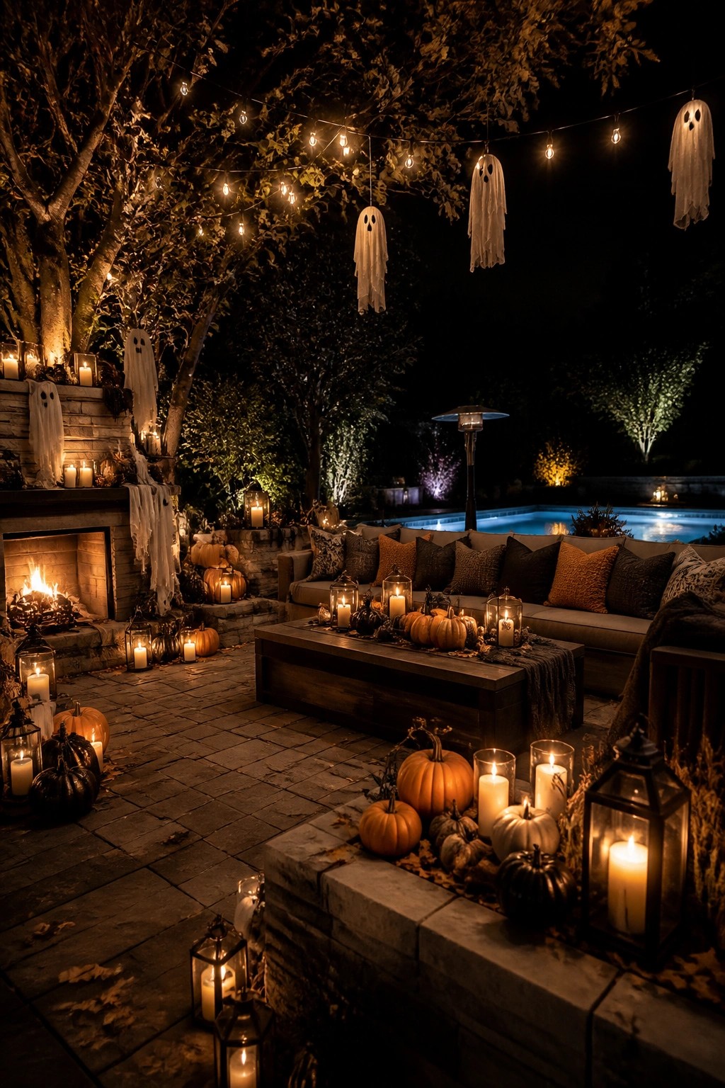 Spooky Halloween patio at night with pumpkins, ghosts, candles, lanterns, and fireplace.