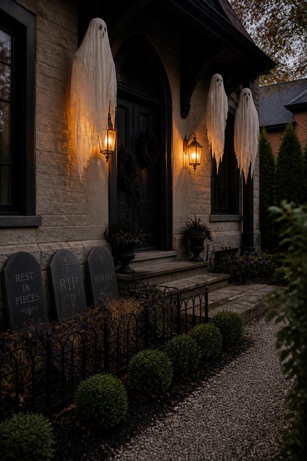 Front entrance of a stone house at dusk with three white ghost figures hanging from the roof, lit lanterns beside the door, and several dark gravestones placed in the front garden bed.