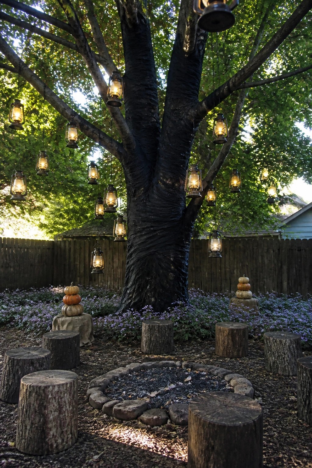 A large dark tree with many lit lanterns hanging from its branches over a circle of tree stumps surrounding a stone fire pit, with stacked pumpkins nearby.