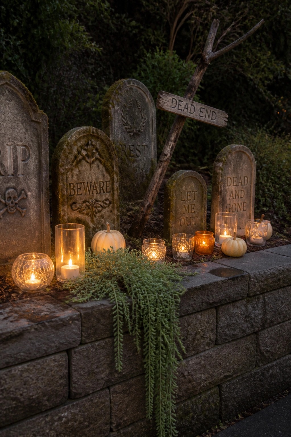 A Halloween graveyard display with several old-style tombstones arranged behind a stone retaining wall, small lit candles in glass holders along the wall edge, two small white pumpkins, and a wooden dead end sign leaning against the stones.