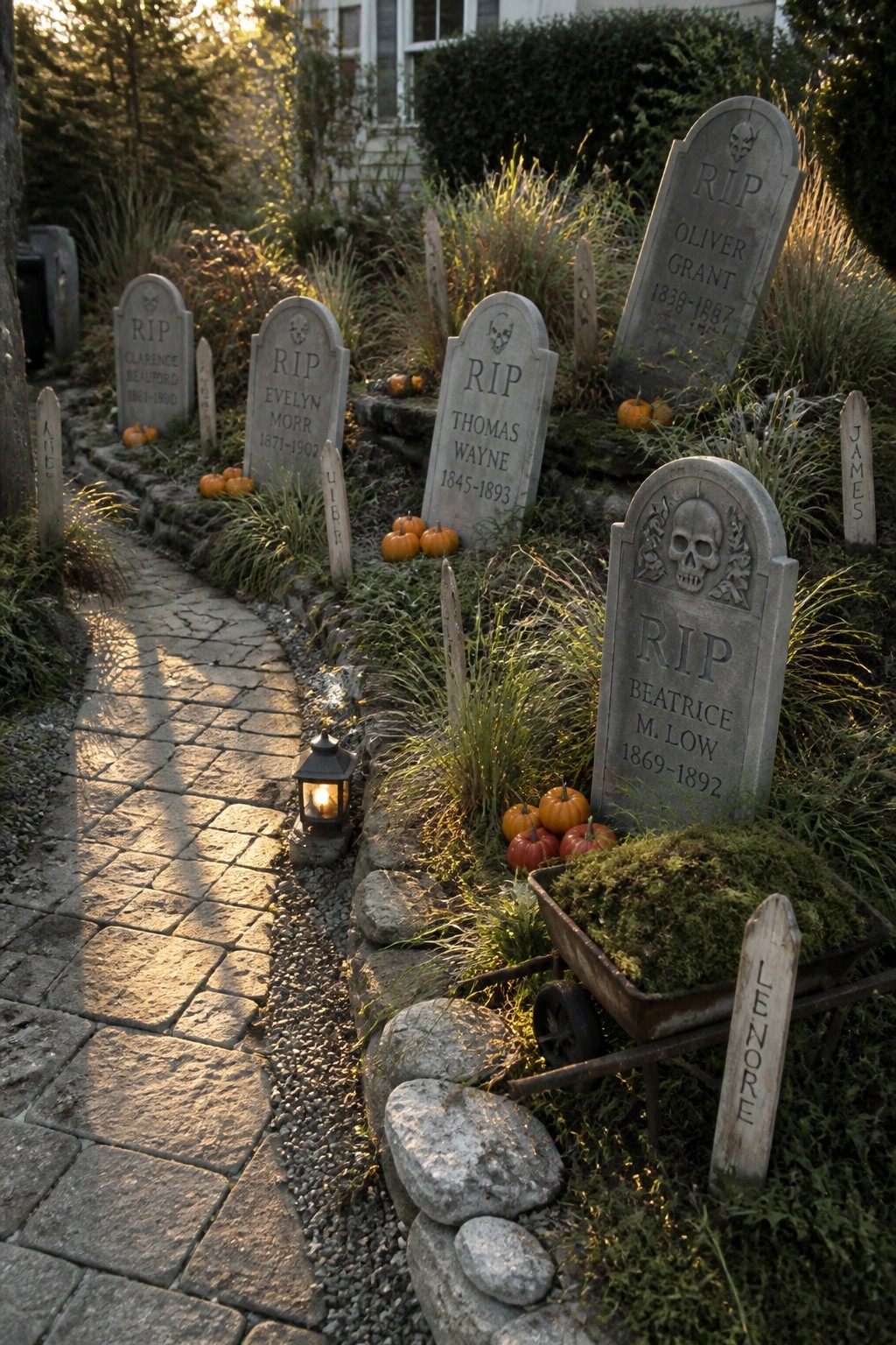Halloween graveyard with tombstones, pumpkins, wheelbarrow, lantern along stone path.